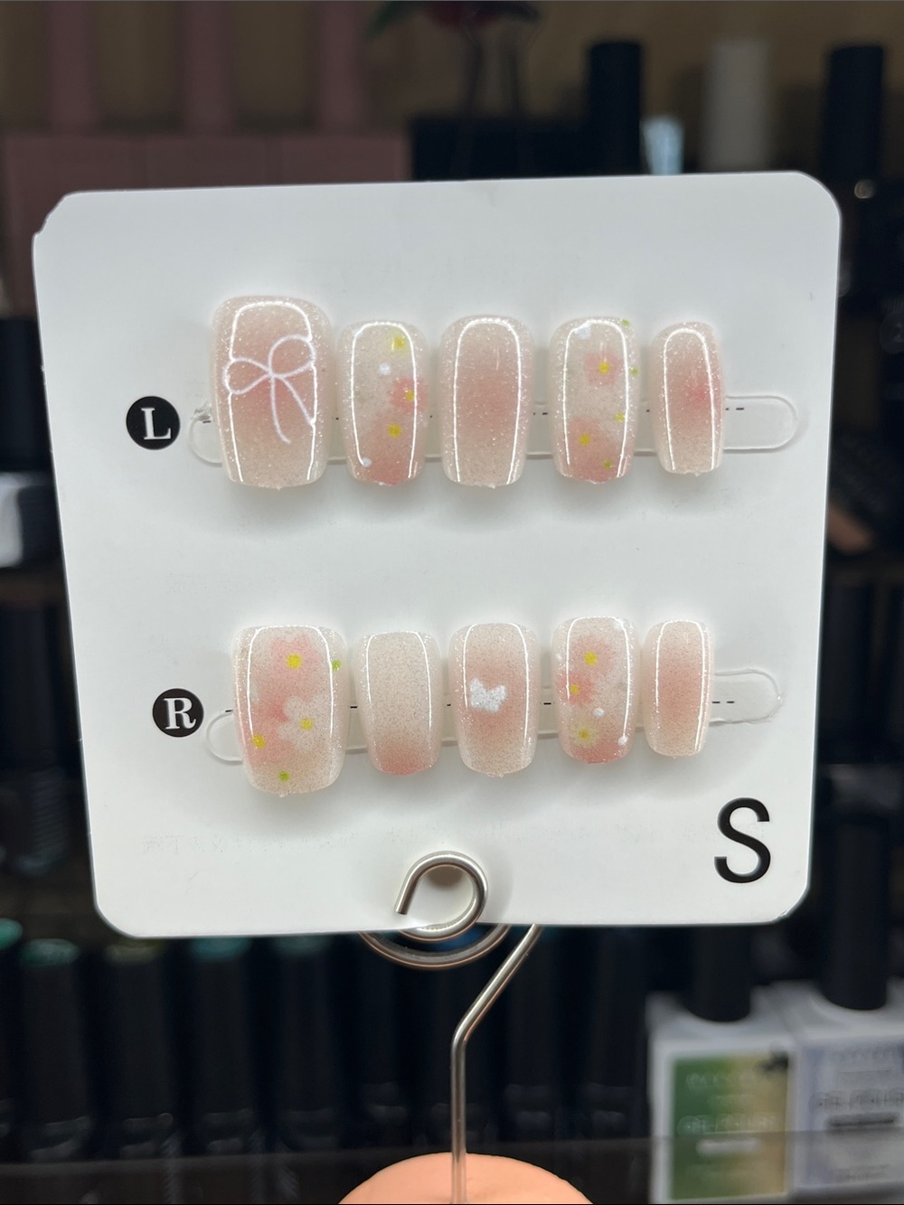 Pastel Pink Glitter Press-On Nails with Floral Accents small square